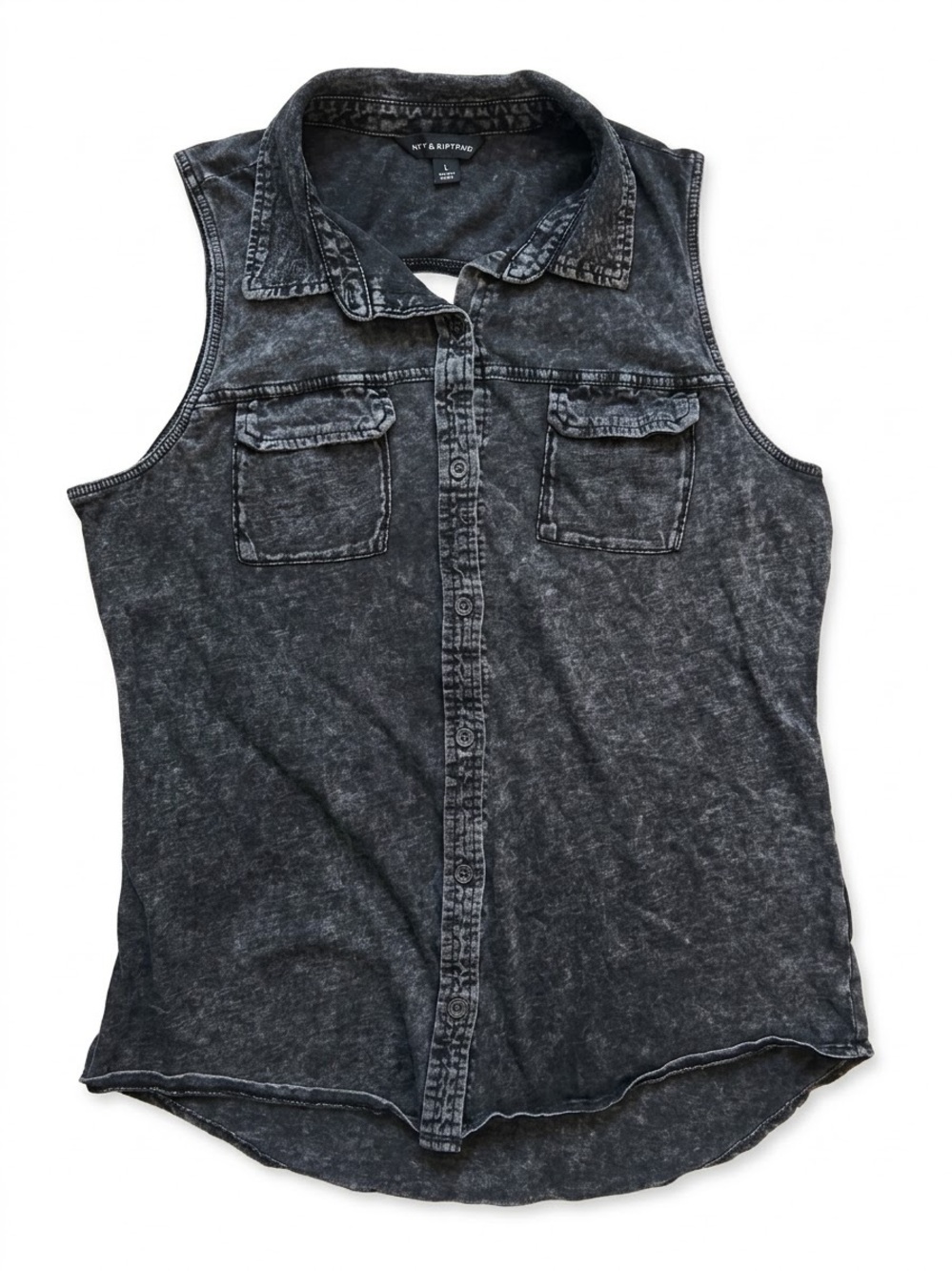 Rock & Republic Washed Black Sleeveless Button-Down Shirt-C14
